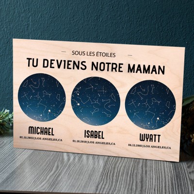 Carte des étoiles personnalisée par date ciel nocturne constellation signe de bois pour maman