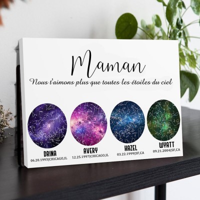 Carte des étoiles personnalisée par date nuit ciel constellation mur art bois signe pour maman