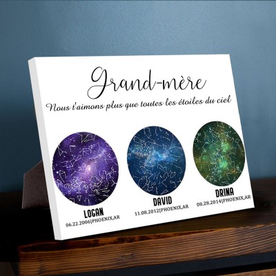Carte des étoiles personnalisée par date nuit ciel constellation mur art bois signe pour grand-mère