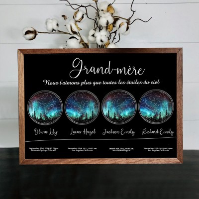 Carte des étoiles personnalisée par date ciel nocturne constellation signe de bois pour maman grand-mère