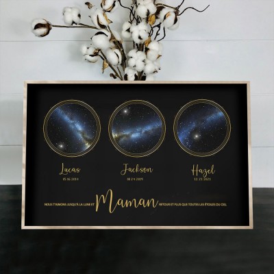 Carte des étoiles personnalisée par date ciel nocturne constellation signe de bois pour maman grand-mère