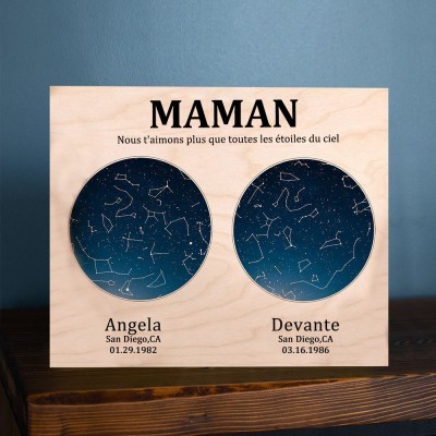 Carte des étoiles personnalisée par date ciel nocturne constellation signe de bois pour maman grand-mère