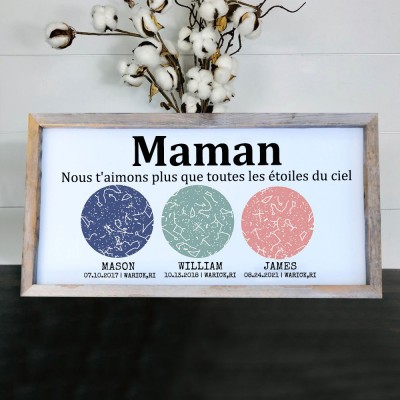 Carte des étoiles personnalisée par date nuit ciel constellation mur art bois signe pour maman grand-mère