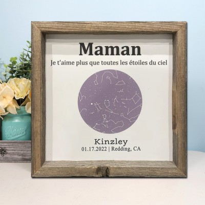 Carte des étoiles personnalisée par date nuit ciel constellation mur art bois signe pour maman grand-mère
