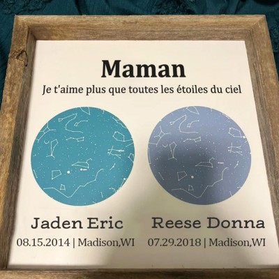 Carte des étoiles personnalisée par date nuit ciel constellation mur art bois signe pour maman grand-mère cadeau de Noël