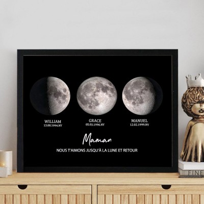 Cadre d'impression personnalisé de phases de lune de maman avec les noms des enfants pour les cadeaux de fête des mères
