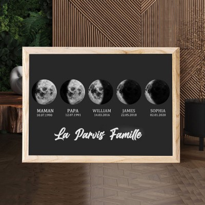 Cadre d'impression personnalisé des phases de la lune de l'univers de la famille avec des dates pour les enfants pour des idées cadeaux