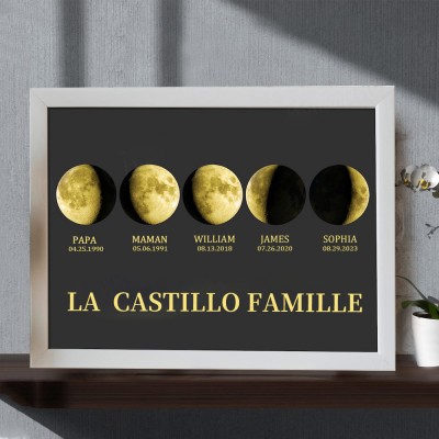 Cadre d'impression personnalisé de phases de lune de l'univers de la famille avec des dates pour les enfants pour des idées de cadeaux d'anniversaire