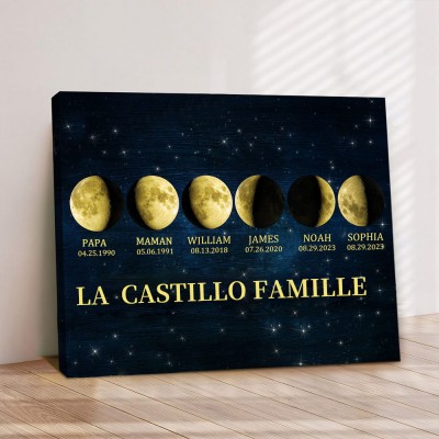 Cadre d'impression personnalisé de phases de lune de l'univers de la famille avec des noms d'enfants pour des idées de cadeaux d'anniversaire