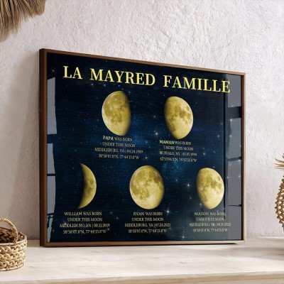 Cadre d'impression de phase de lune de l'univers de l'univers de la famille personnalisée avec des noms d'enfants pour le cadeau de Noël