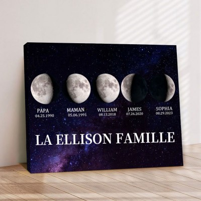 Cadre d'impression personnalisé de phases de lune de galaxie de famille avec des noms d'enfants Idées cadeaux uniques