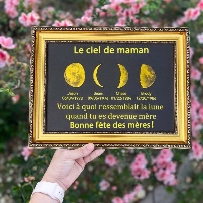 Cadre personnalisé de phase de lune dans le ciel de maman avec des noms d'enfants pour le cadeau de Noël