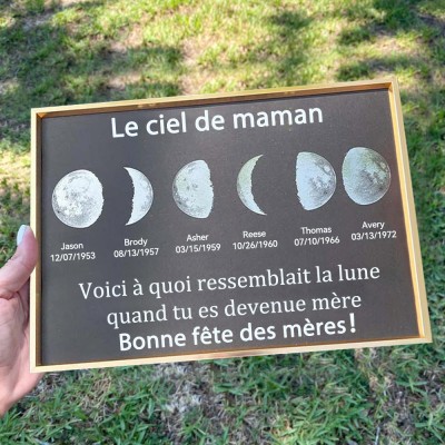 Cadre personnalisé de phase de lune dans le ciel de maman avec des noms d'enfants pour le cadeau de Noël