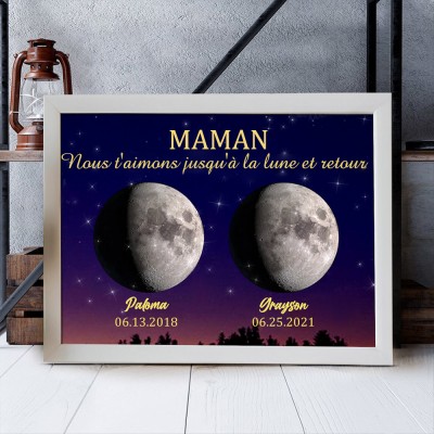 Cadre de phase de lune personnalisé avec des noms d'enfants pour le cadeau de Noël maman nous t'aimons à la lune et retour
