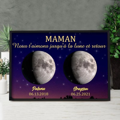 Cadre d'impression personnalisé des phases de la lune de l'univers avec des dates pour les enfants pour des idées cadeaux pour les mères