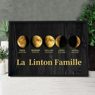 Cadre d'impression personnalisé des phases de la lune de la galaxie de la famille avec des dates pour les enfants pour des idées cadeaux