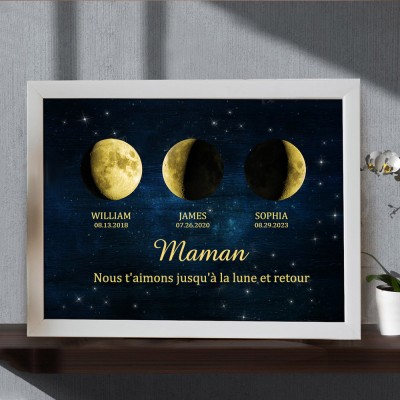 Cadre de phase de lune personnalisé avec des noms d'enfants pour maman grand-mère cadeau de Noël Je t'aime à la lune et retour