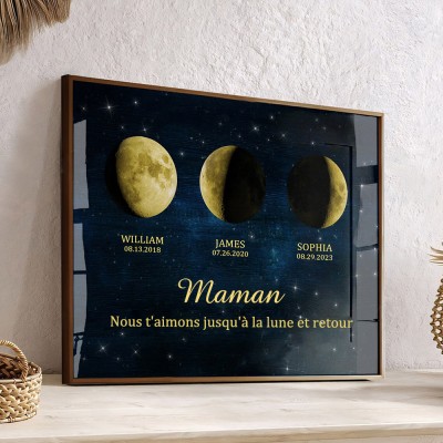 Cadre de phase de lune personnalisé avec des noms d'enfants pour maman grand-mère cadeau de Noël Je t'aime à la lune et retour