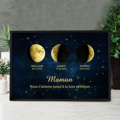 Cadre d'impression personnalisé des phases de la lune de la galaxie de maman avec les noms et les dates des enfants pour les cadeaux de fête des mères