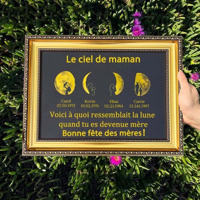Cadre artistique personnalisé avec phases de lune et ciel pour maman, cadeau pour maman