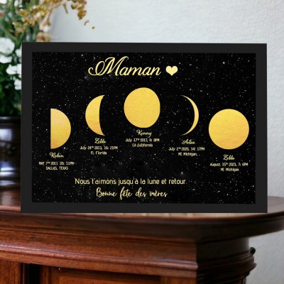 Cadre d'impression d'art personnalisé en phase de lune avec des noms d'enfants Cadeaux uniques pour la fête des mères