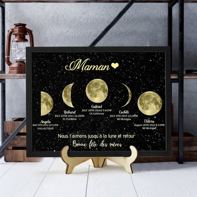 Cadre d'impression personnalisé de phases de lune de l'univers de maman avec les noms des enfants Cadeaux uniques pour la fête des mères