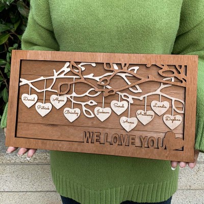 Panneau en bois personnalisé avec cadre en bois d'arbre généalogique avec le nom des enfants pour un cadeau de Noël en famille