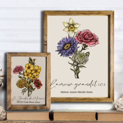 Cadre de bouquet de fleurs de naissance personnalisé avec des noms d’enfants pour maman grand-mère famille cadeau de Noël