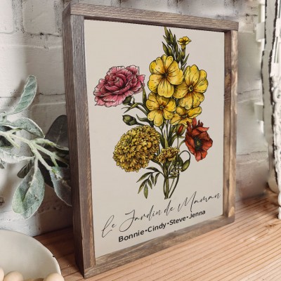 Cadre de bouquet de fleurs de naissance personnalisé avec des noms d’enfants pour maman grand-mère famille