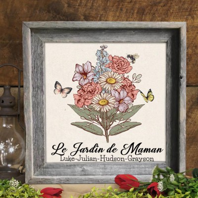 Cadre de bouquet de fleurs de naissance personnalisé pour maman avec les noms des enfants