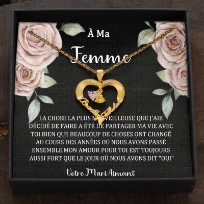 Collier en cœur avec noms de couple personnalisés et pierres de naissance, cadeaux de Saint-Valentin