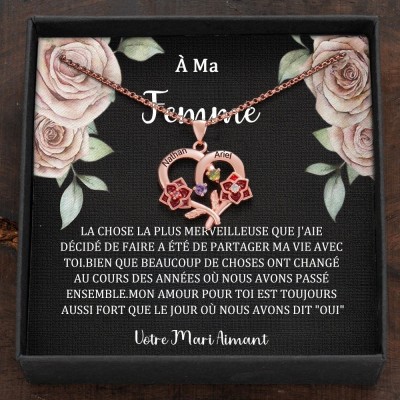 Collier en cœur avec noms de couple personnalisés et pierres de naissance, cadeaux de Saint-Valentin