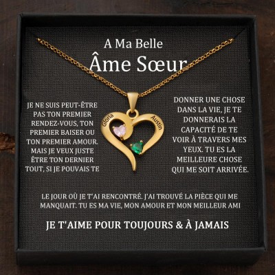 Collier prénom personnalisé en forme de coeur avec pierres de naissance pour couple
