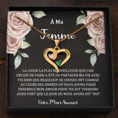 Collier personnalisé avec noms de couple en forme de cœur et pierres de naissance, cadeaux de Saint-Valentin