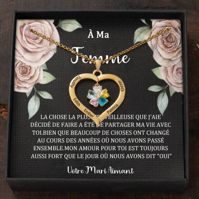 Colliers personnalisés en forme de cœur avec noms et pierres de naissance pour cadeau de fête des mères