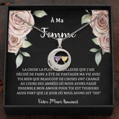 Collier personnalisé avec nom de couple rond avec pierres de naissance pour cadeau
