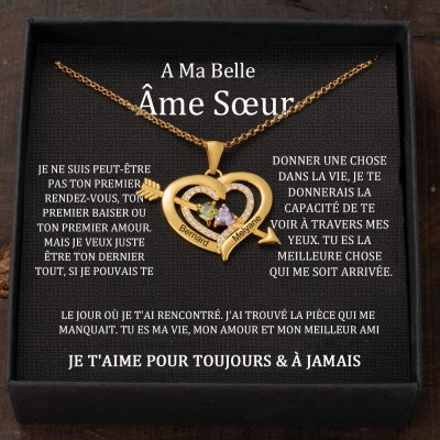 Collier personnalisé avec nom de cœur et flèche avec pierres de naissance pour couple