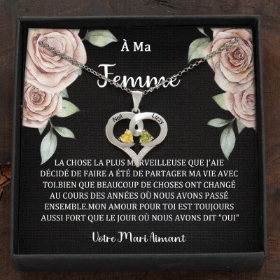 Collier personnalisé avec noms de couple en forme de cœur et pierres de naissance, cadeaux de Saint-Valentin