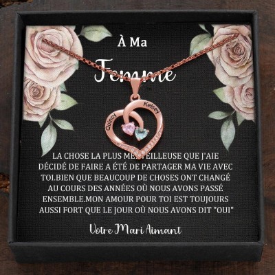 Collier personnalisé avec noms de couple en forme de cœur et pierres de naissance, cadeaux de Saint-Valentin