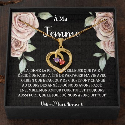 Collier en forme de cœur avec noms de couple personnalisés et pierres de naissance, cadeaux de Saint-Valentin