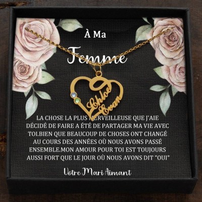 Collier en cœur avec noms de couple personnalisés et pierres de naissance, cadeaux de Saint-Valentin
