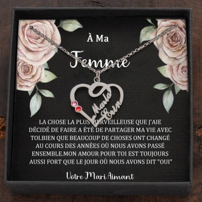 Collier personnalisé avec noms de couple en forme de cœur et pierres de naissance, cadeaux de Saint-Valentin