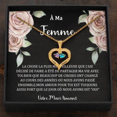 Collier personnalisé avec noms de couple en forme de cœur et pierres de naissance, cadeaux de Saint-Valentin