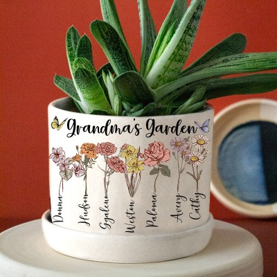 Pot de fleurs de naissance personnalisé du jardin de grand-mère avec le nom des petits-enfants pour les idées de cadeaux de Noël