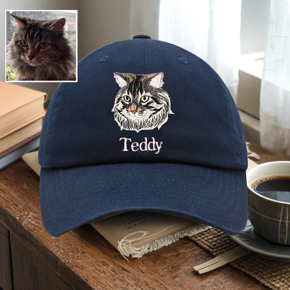 Custom Pet Cat Face Photo Embroidered Hat For Pet Lover Memorial Keepsake Gift