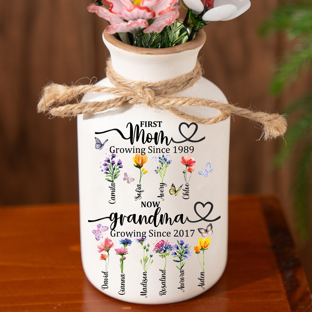 First Mom Now Grandma Custom Birth Month Flower Vase With Kids Name For Mother's Day Gift