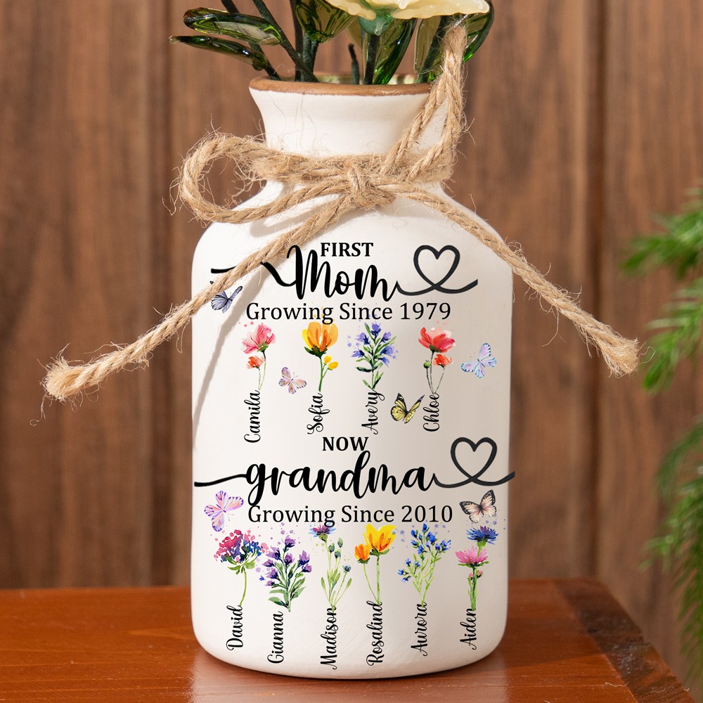 First Mom Now Grandma Custom Birth Month Flower Vase With Kids Name For Mother's Day Gift