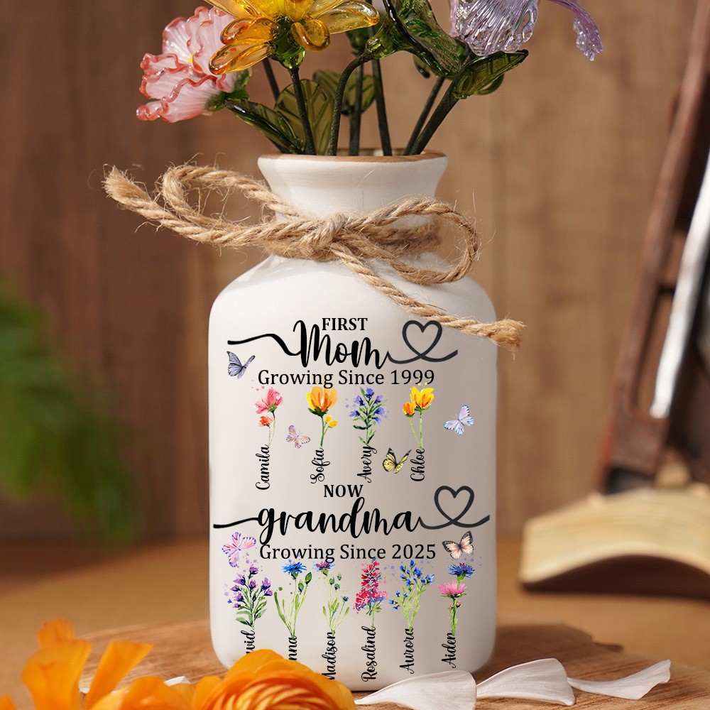 First Mom Now Grandma Custom Birth Month Flower Vase With Kids Name For Mother's Day Gift