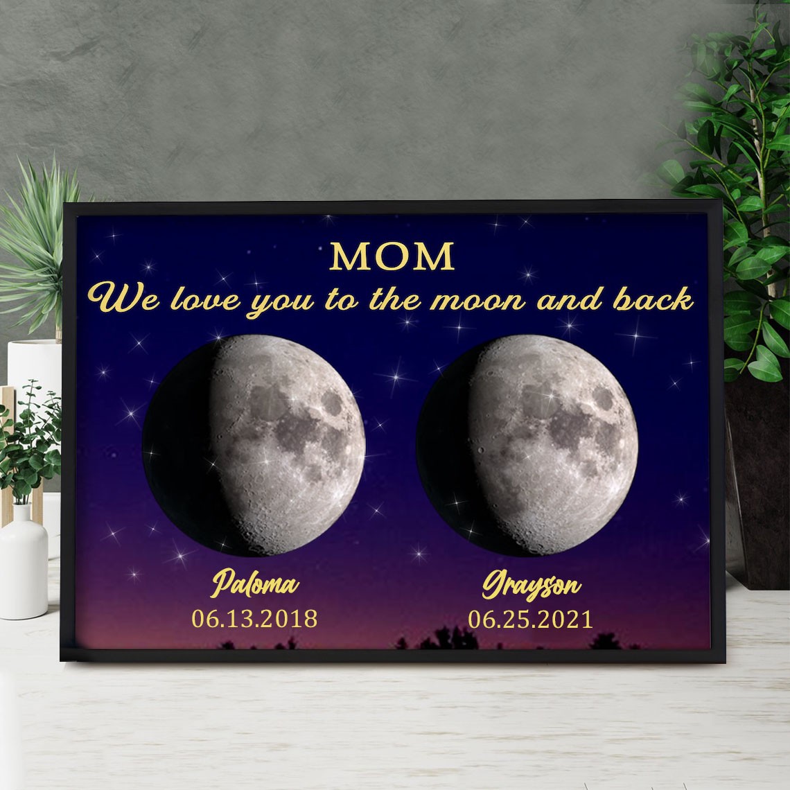 Custom Universe Moon Phase Print Frame With Kids Dates For Mother's Gift Ideas