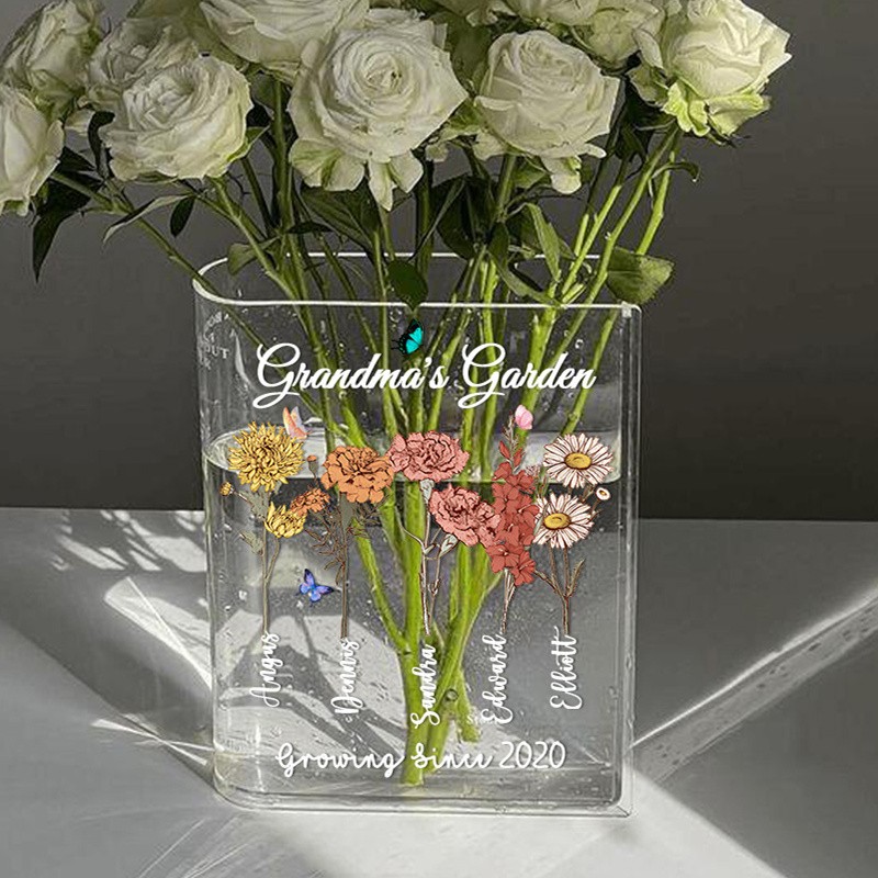 Personalized Grandma's Garden Birth Month Flower Book Vase With Grandkids Name For Mom Grandma Christmas Gift